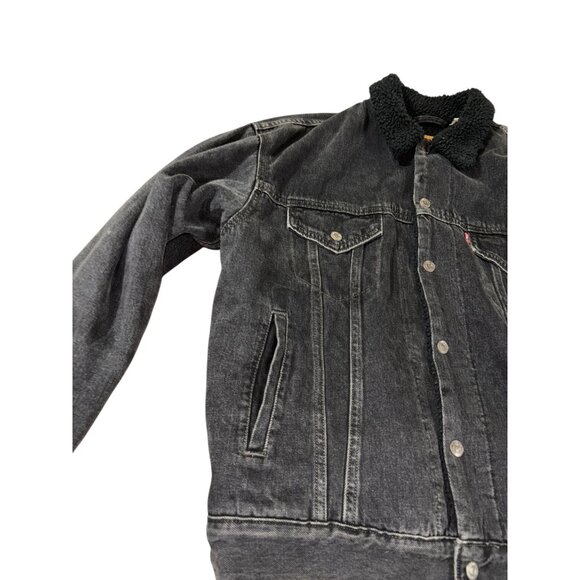 Levi's Premium Small Blackwash Denim Jacket Sherpa Lined Trucker Rancher - Picture 5 of 7